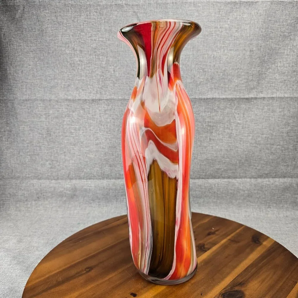 Vintage‎ Red Swirl Hand Blown Art Glass Vase Flared Rim Multi-Color 17 inch
